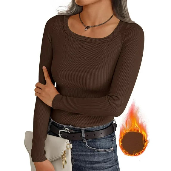 MOSHU Thermal Tops for Women Scoop Neck Slim Fit Basic Top Ribbed Thermal Undershirts Layering Tee Womens Long Sleeve Shirts