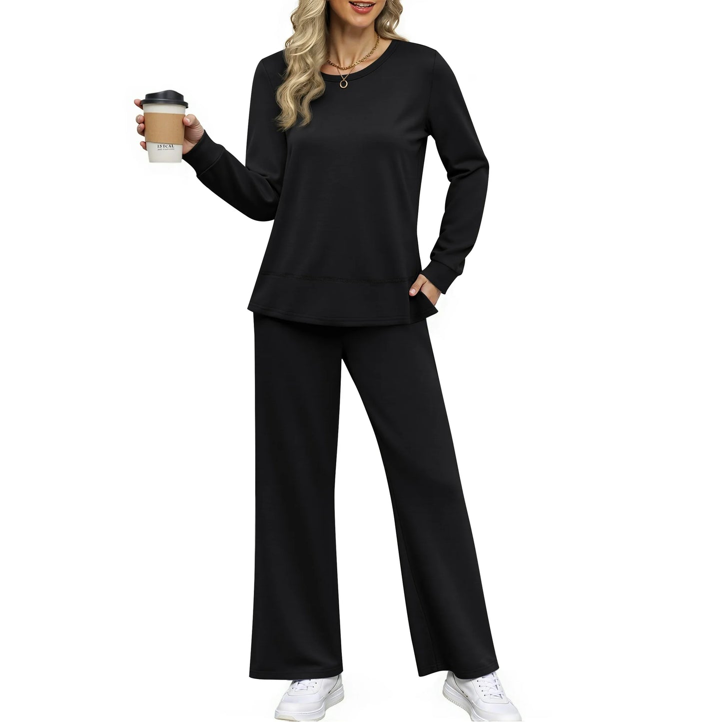 MOSHU Two Piece Sets for Women Casual Fall Outfits Sets Slit Side Stiching Tops and Wide Leg Pants with Pockets Trendy Cozy Tracksuits