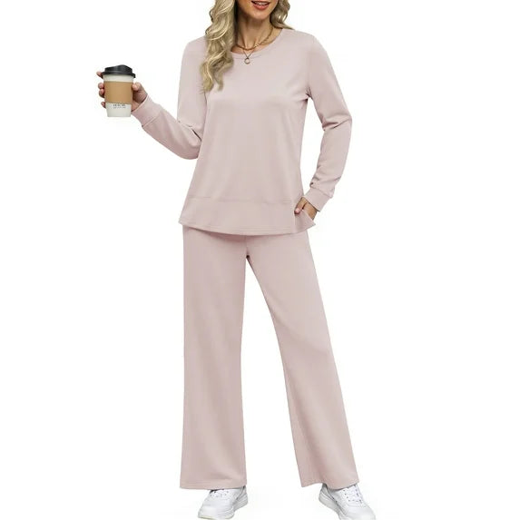 MOSHU Two Piece Sets for Women Casual Fall Outfits Sets Slit Side Stiching Tops and Wide Leg Pants with Pockets Trendy Cozy Tracksuits