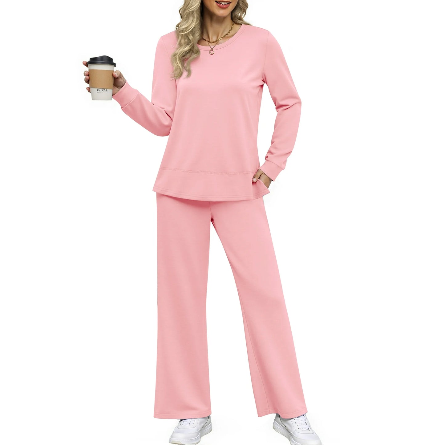 MOSHU Two Piece Sets for Women Casual Fall Outfits Sets Slit Side Stiching Tops and Wide Leg Pants with Pockets Trendy Cozy Tracksuits