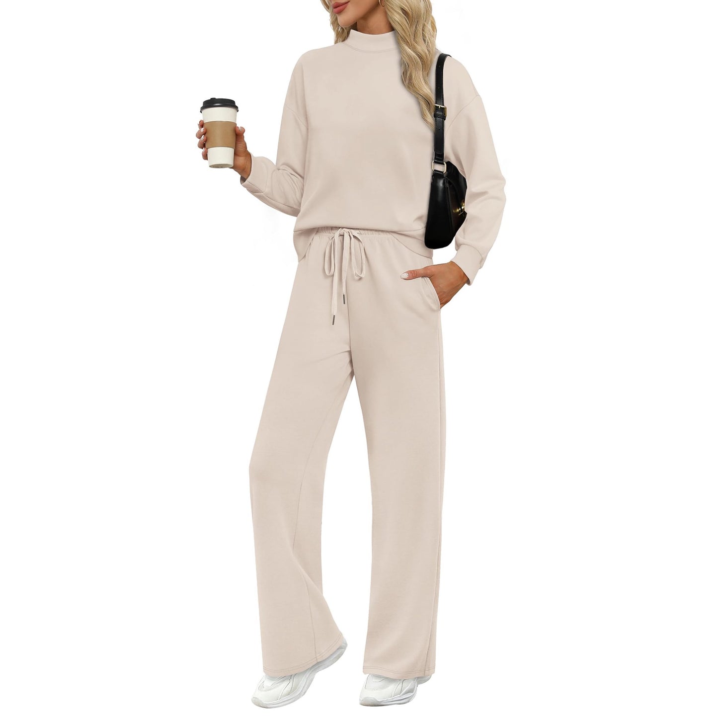 MOSHU Two Piece Sets for Women Casual Lounge Sets Mock Neck Sweatshirts and Drawstring Jogger Pants Vacation Travel Outfits