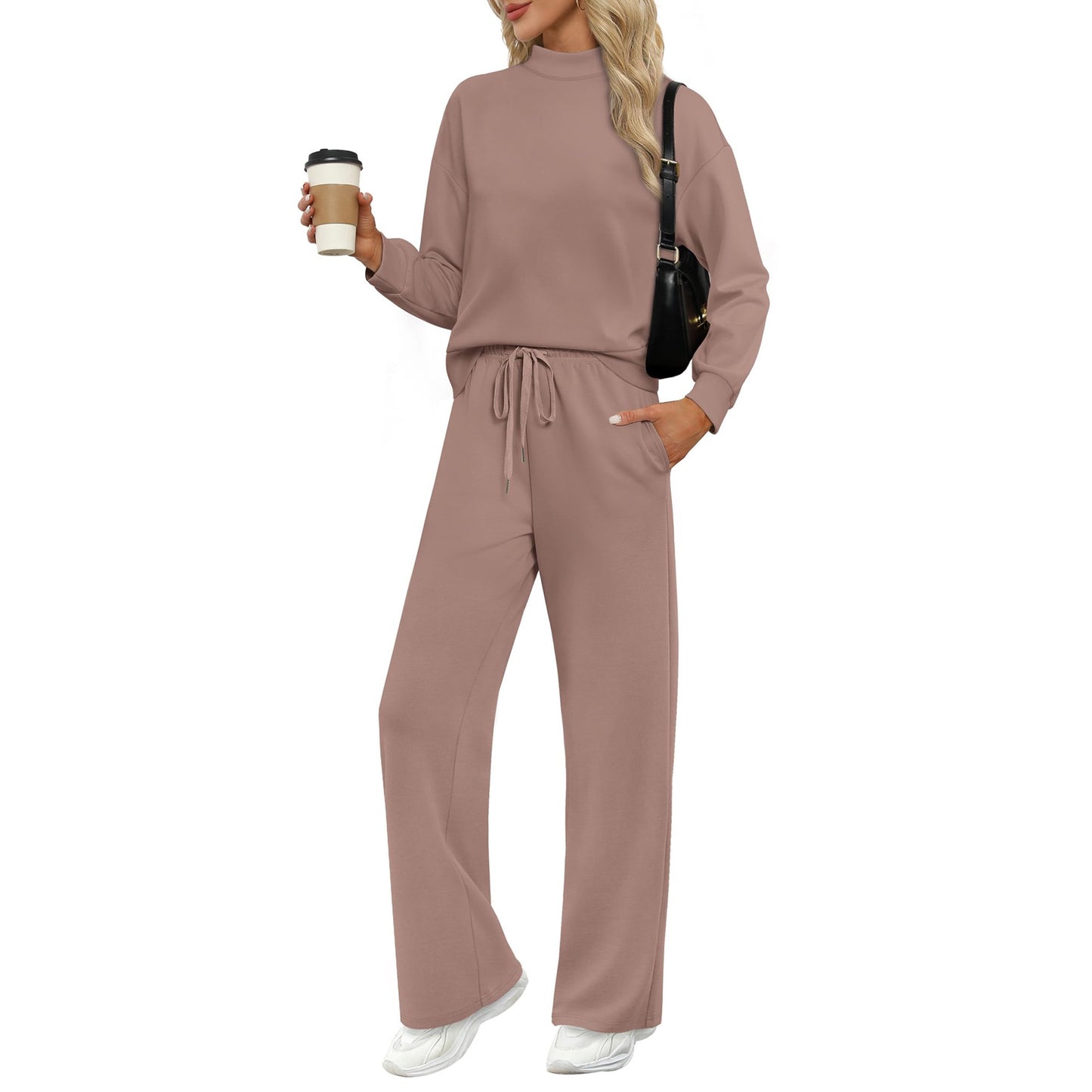 MOSHU Two Piece Sets for Women Casual Lounge Sets Mock Neck Sweatshirts and Drawstring Jogger Pants Vacation Travel Outfits