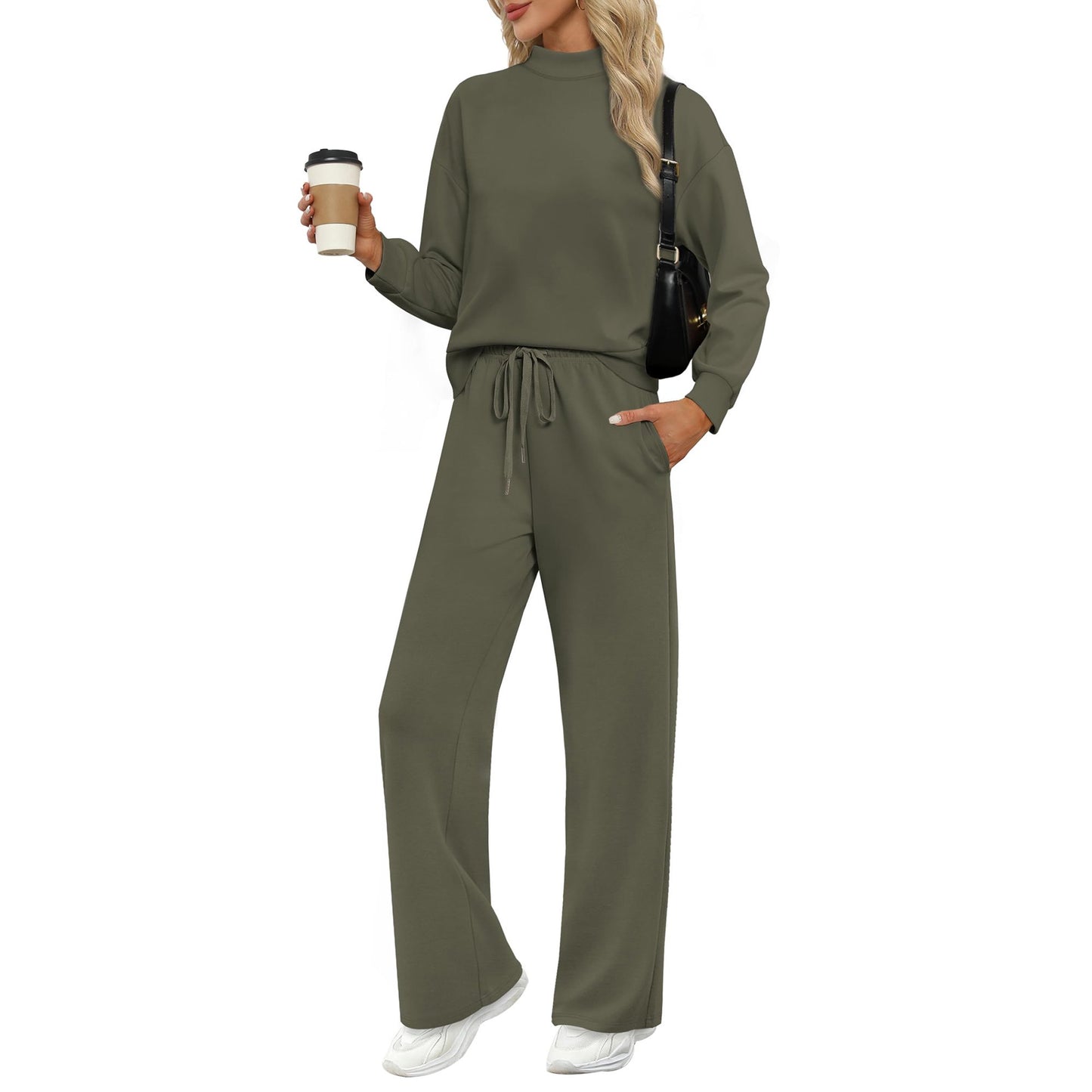 MOSHU Two Piece Sets for Women Casual Lounge Sets Mock Neck Sweatshirts and Drawstring Jogger Pants Vacation Travel Outfits