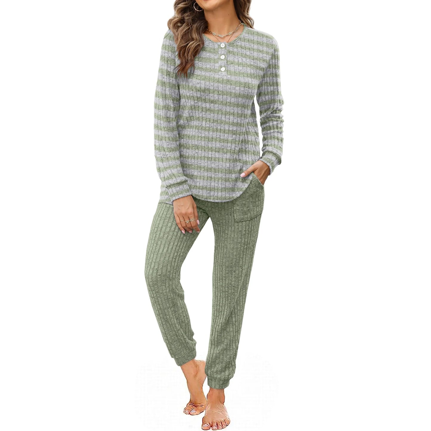 MOSHU Two Piece Womens Pajama Sets Button Down Shirts and Drawstring Pants with Pockets Solid Lounge Sets for Women