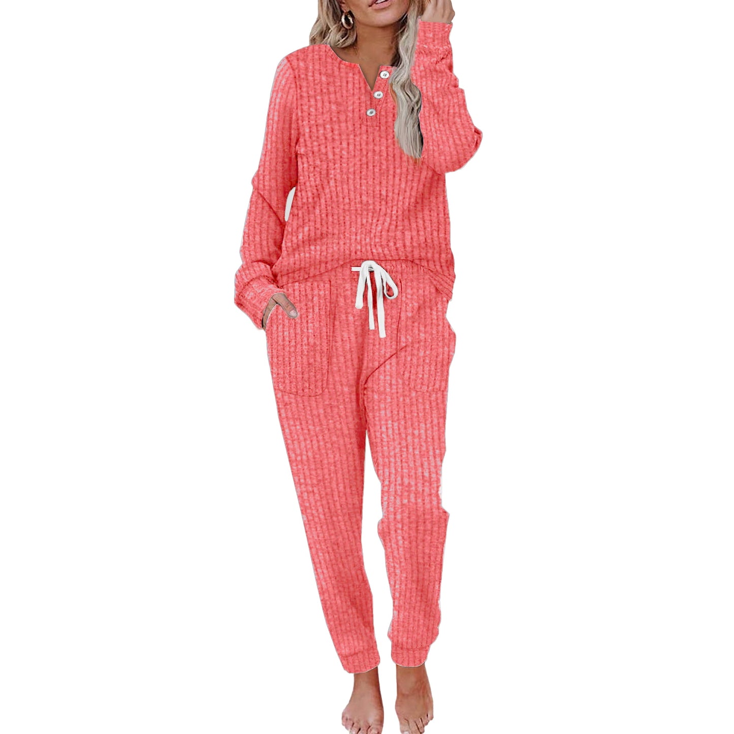 MOSHU Two Piece Womens Pajama Sets Button Down Shirts and Drawstring Pants with Pockets Solid Lounge Sets for Women