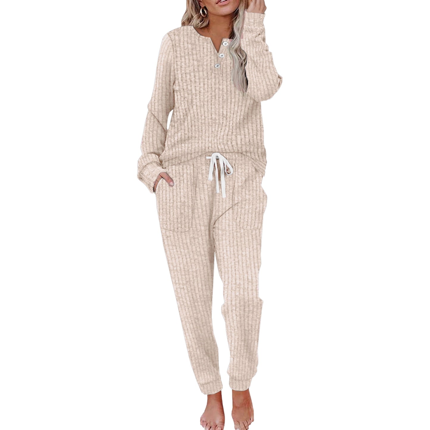 MOSHU Two Piece Womens Pajama Sets Button Down Shirts and Drawstring Pants with Pockets Solid Lounge Sets for Women
