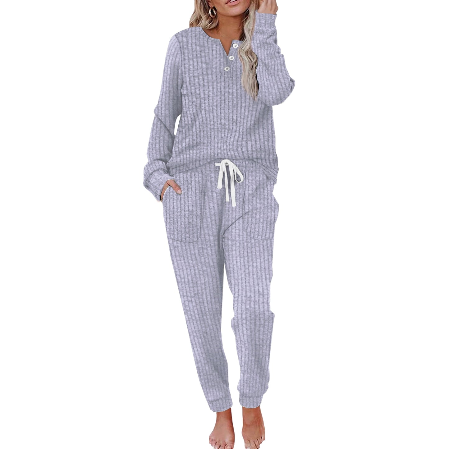 MOSHU Two Piece Womens Pajama Sets Button Down Shirts and Drawstring Pants with Pockets Solid Lounge Sets for Women