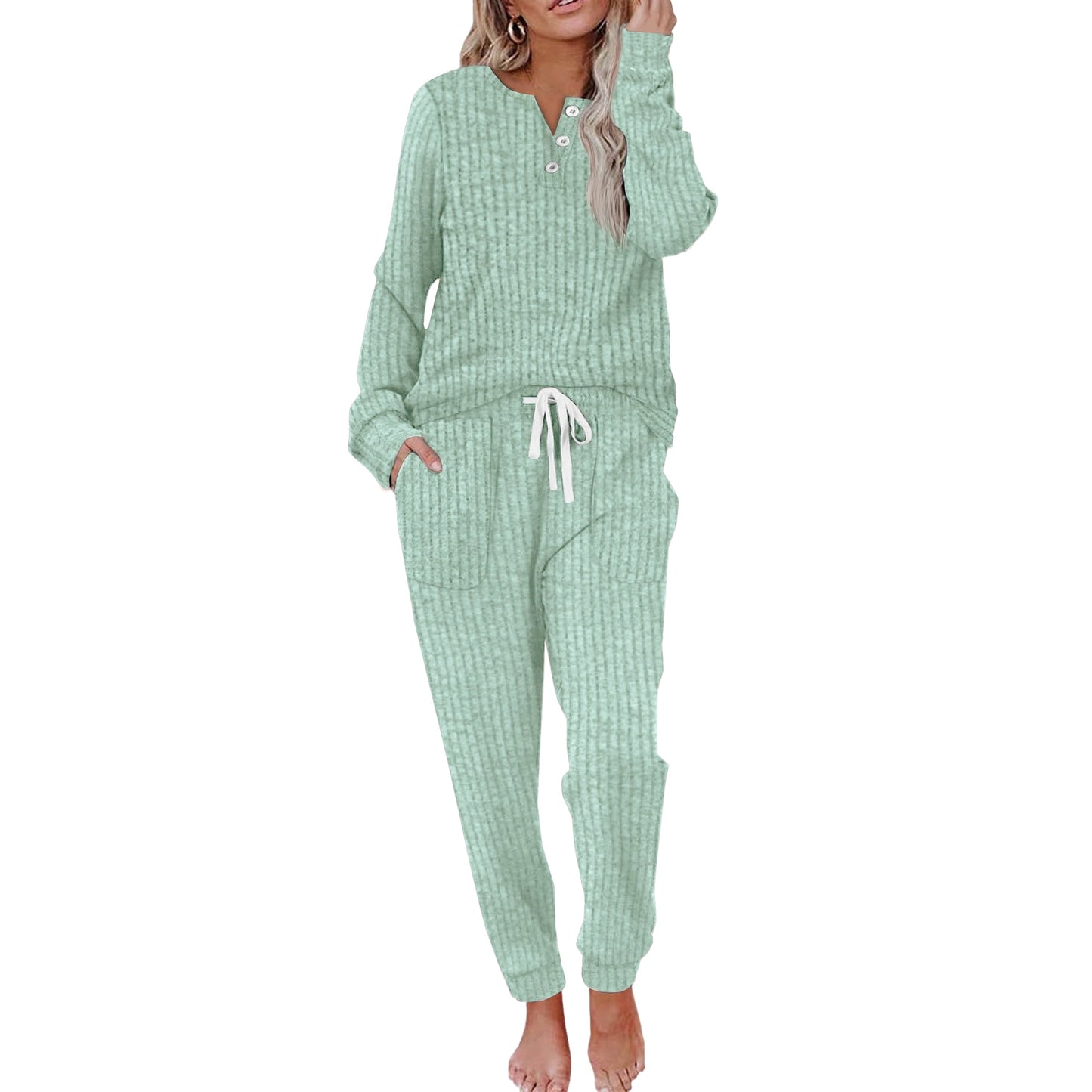 MOSHU Two Piece Womens Pajama Sets Button Down Shirts and Drawstring Pants with Pockets Solid Lounge Sets for Women