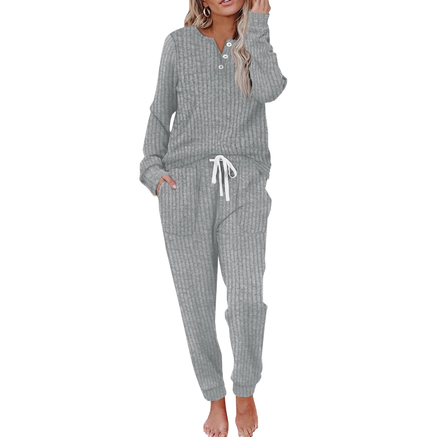 MOSHU Two Piece Womens Pajama Sets Button Down Shirts and Drawstring Pants with Pockets Solid Lounge Sets for Women
