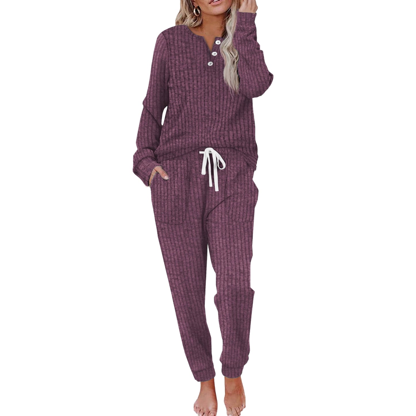 MOSHU Two Piece Womens Pajama Sets Button Down Shirts and Drawstring Pants with Pockets Solid Lounge Sets for Women
