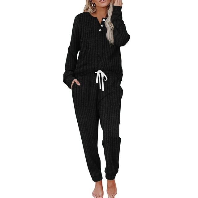 MOSHU Two Piece Womens Pajama Sets Button Down Shirts and Drawstring Pants with Pockets Solid Lounge Sets for Women