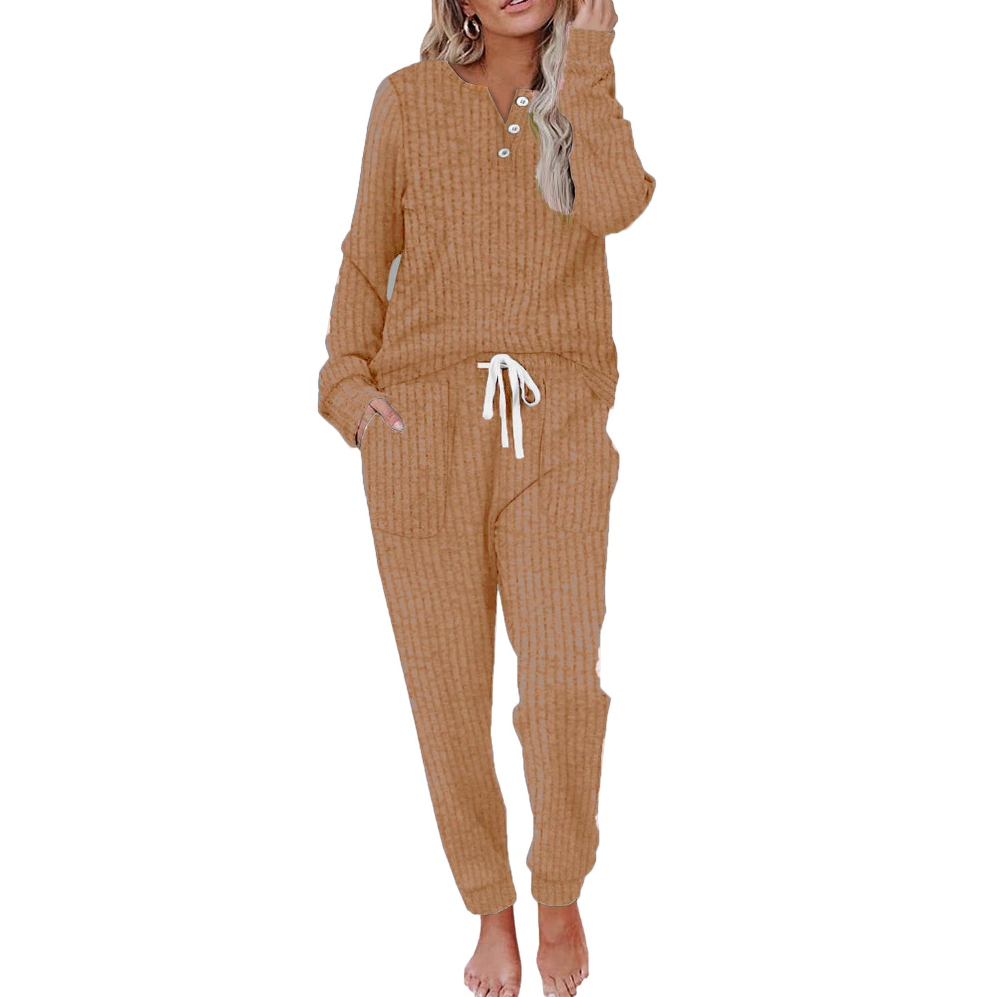 MOSHU Two Piece Womens Pajama Sets Button Down Shirts and Drawstring Pants with Pockets Solid Lounge Sets for Women
