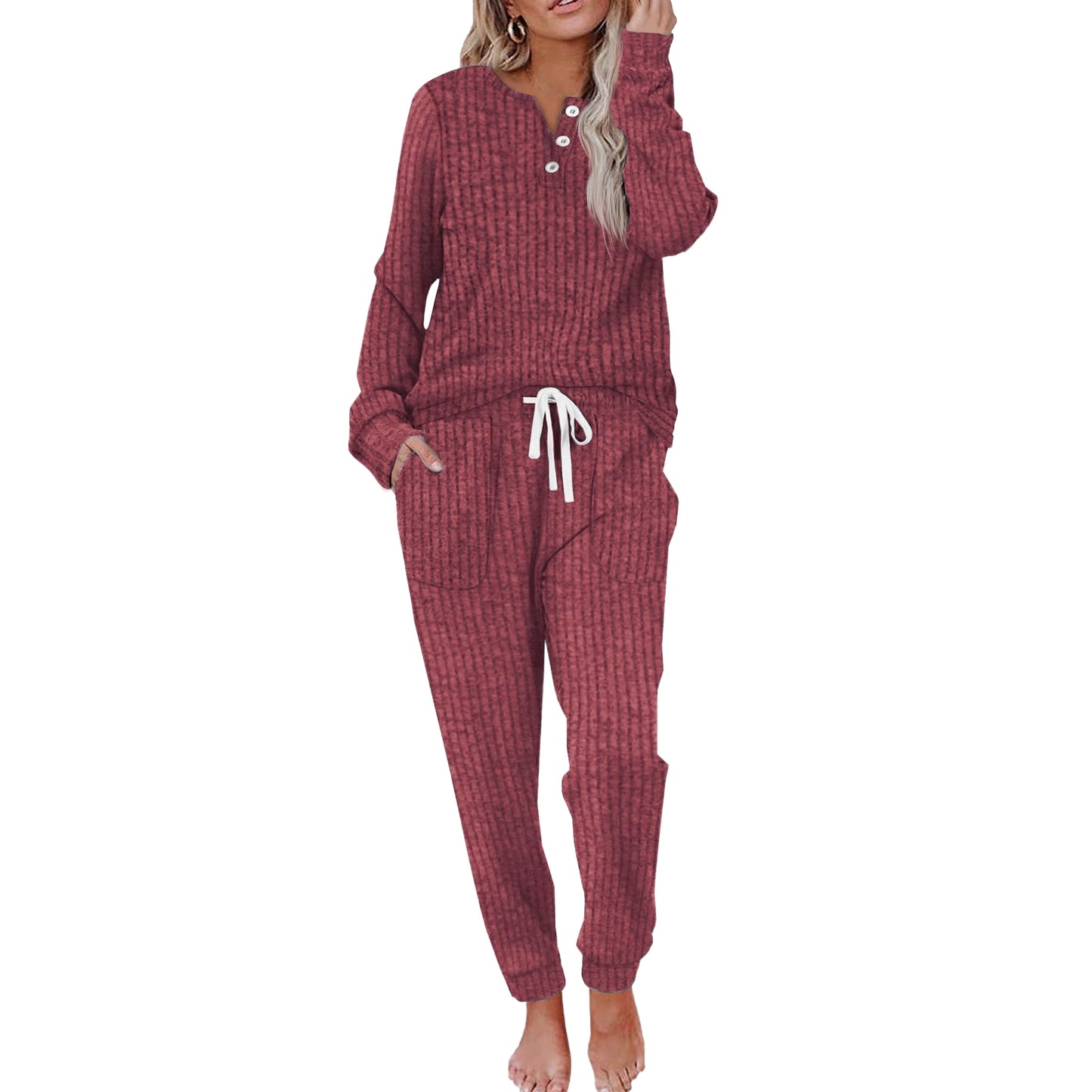 MOSHU Two Piece Womens Pajama Sets Button Down Shirts and Drawstring Pants with Pockets Solid Lounge Sets for Women