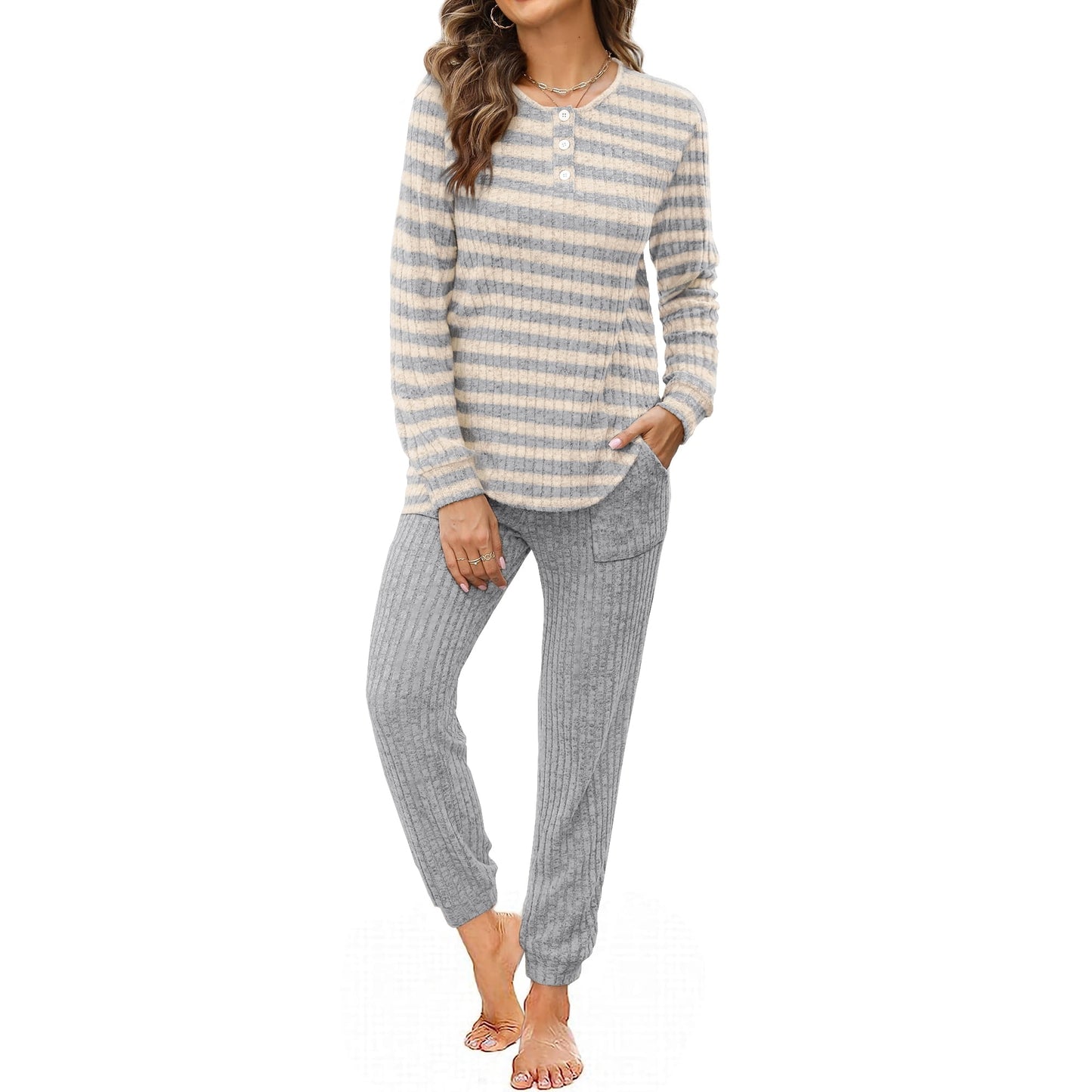 MOSHU Two Piece Womens Pajama Sets Button Down Shirts and Drawstring Pants with Pockets Solid Lounge Sets for Women