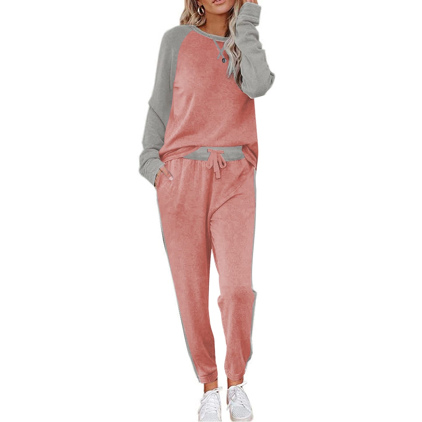 MOSHU Two Piece Womens Pajama Sets Pullover Long Sleeve Tops and Tapered Drawstring Pants with Pockets Color Block Lounge Sets