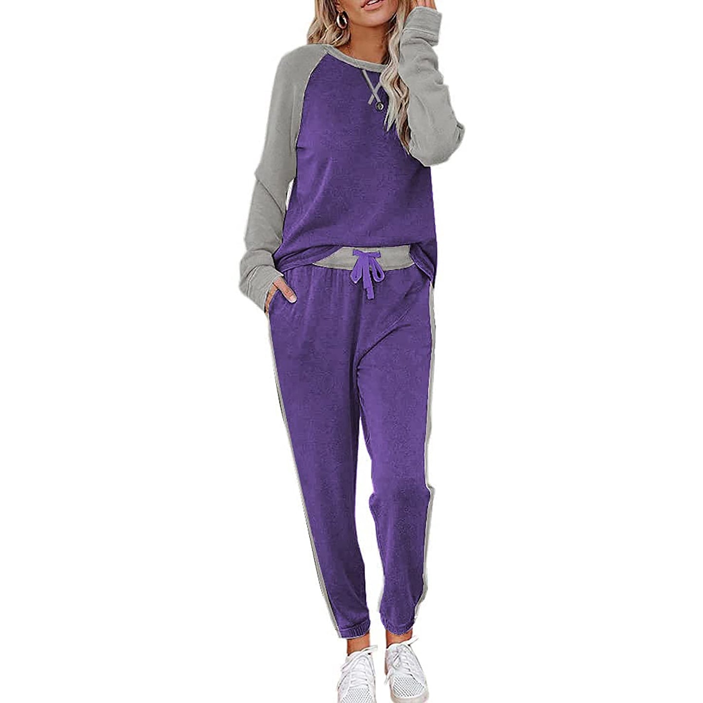 MOSHU Two Piece Womens Pajama Sets Pullover Long Sleeve Tops and Tapered Drawstring Pants with Pockets Color Block Lounge Sets