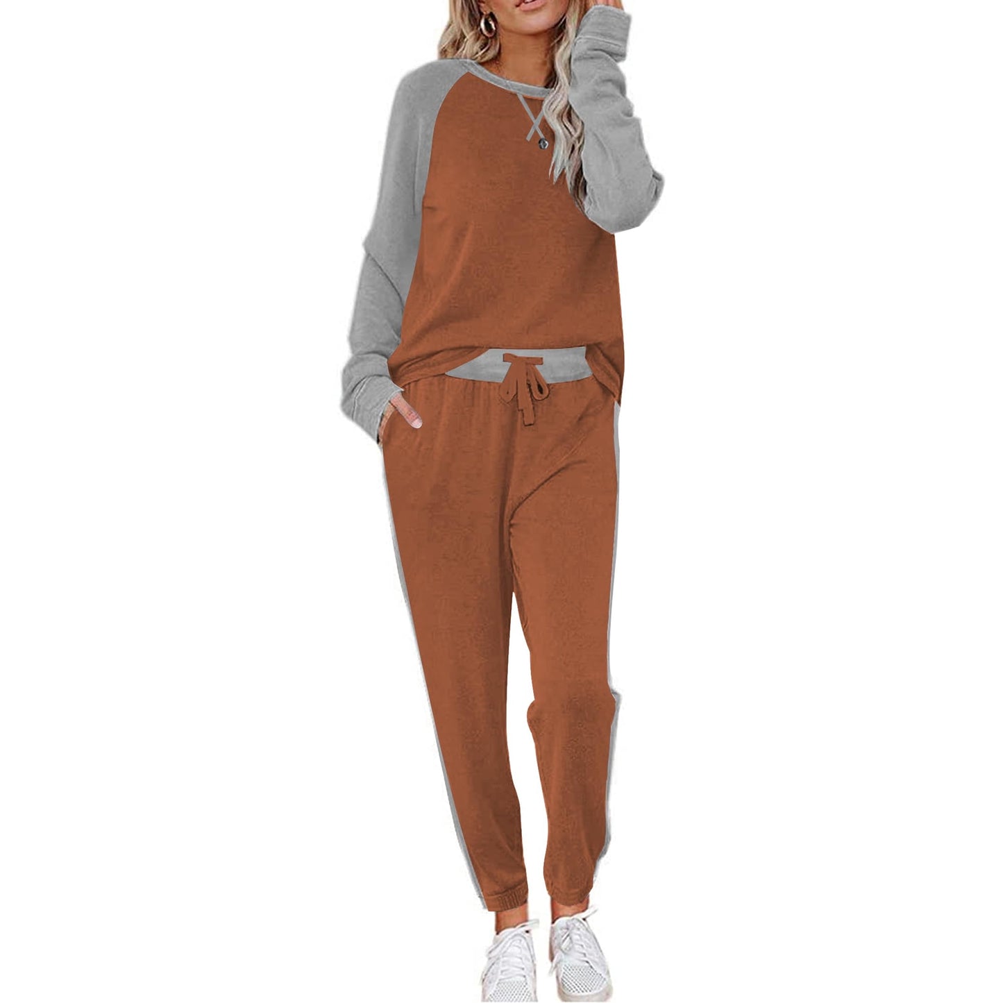 MOSHU Two Piece Womens Pajama Sets Pullover Long Sleeve Tops and Tapered Drawstring Pants with Pockets Color Block Lounge Sets
