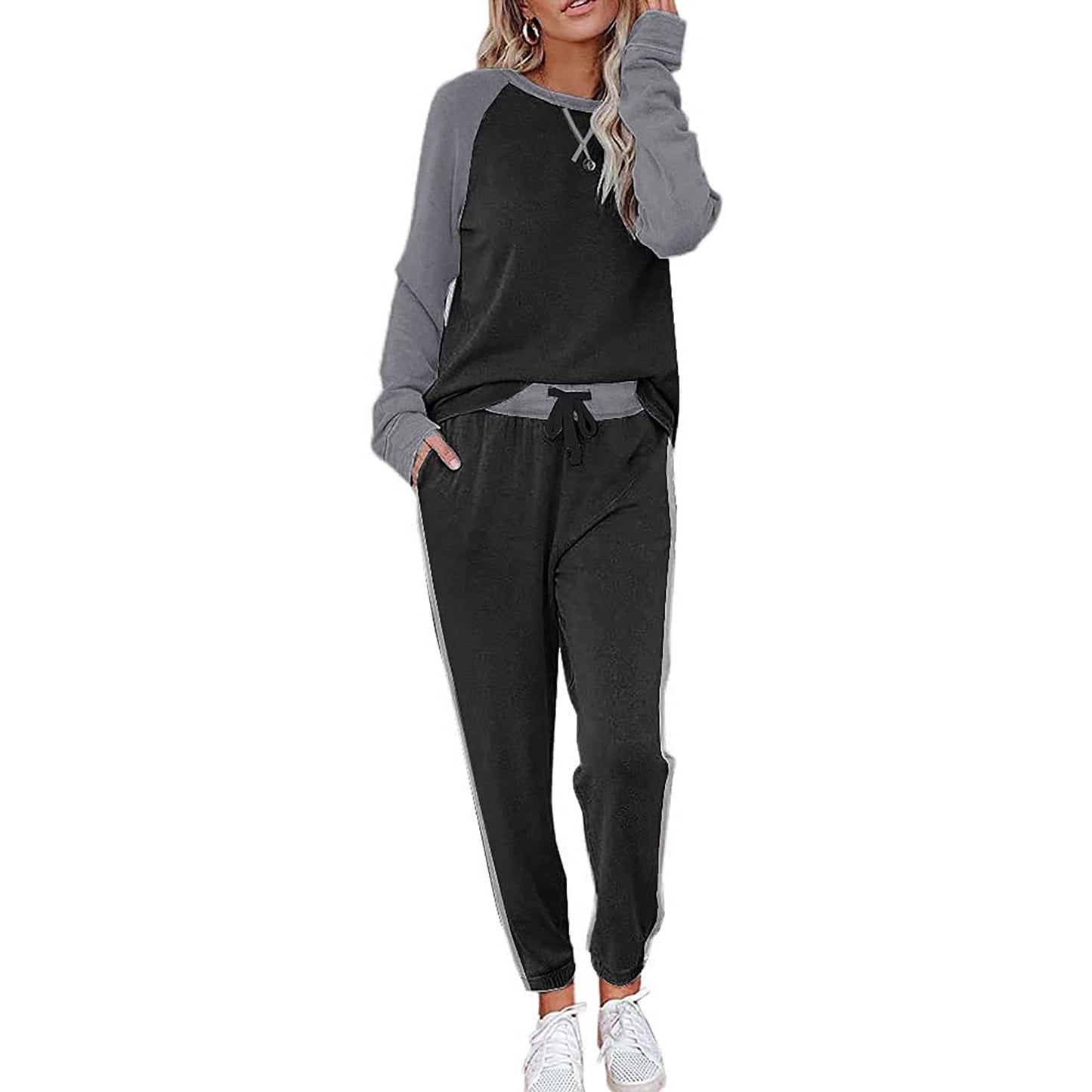 MOSHU Two Piece Womens Pajama Sets Pullover Long Sleeve Tops and Tapered Drawstring Pants with Pockets Color Block Lounge Sets