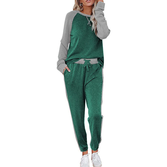 MOSHU Two Piece Womens Pajama Sets Pullover Long Sleeve Tops and Tapered Drawstring Pants with Pockets Color Block Lounge Sets