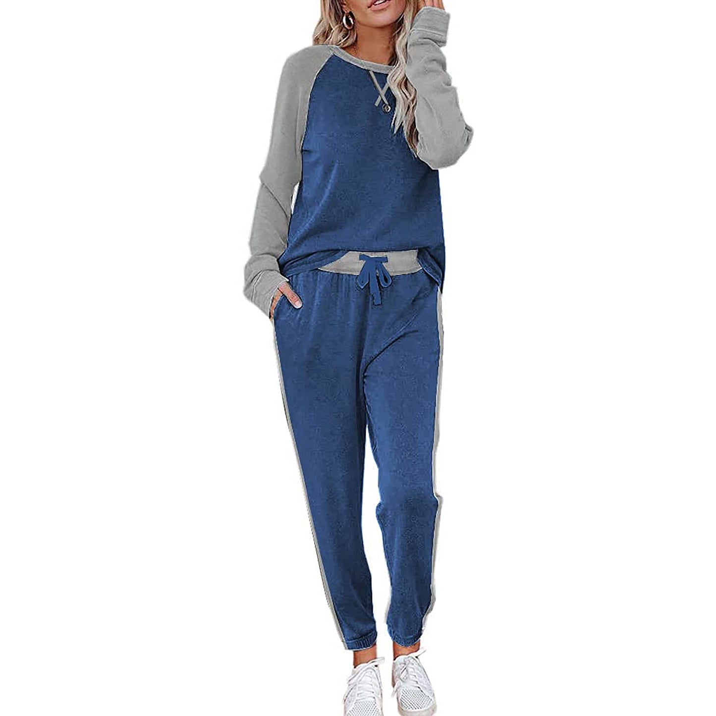 MOSHU Two Piece Womens Pajama Sets Pullover Long Sleeve Tops and Tapered Drawstring Pants with Pockets Color Block Lounge Sets