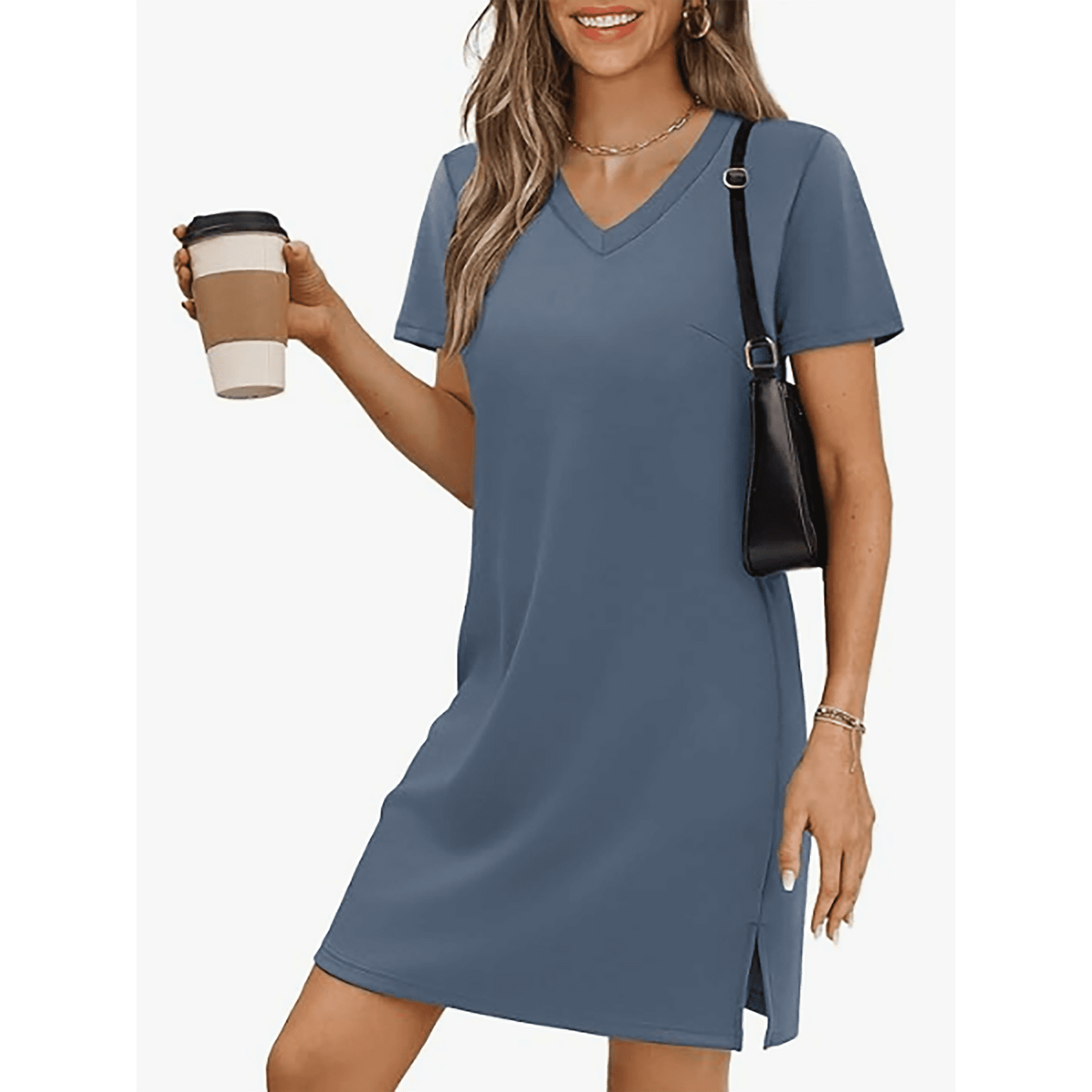 MOSHU V Neck Dresses for Women Side Split Short Sleeve Dresses Casual Summer Dress with Pockets