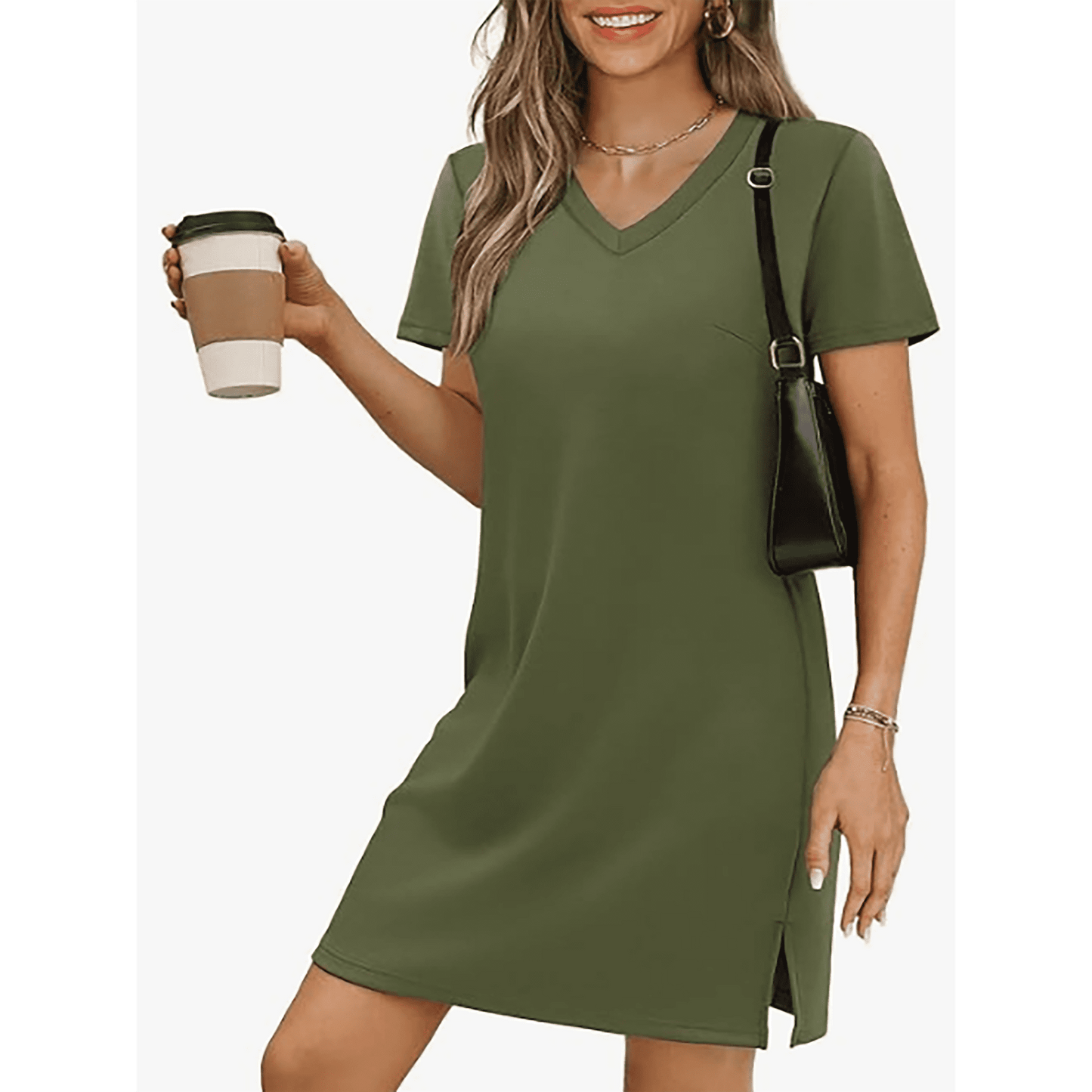 MOSHU V Neck Dresses for Women Side Split Short Sleeve Dresses Casual Summer Dress with Pockets