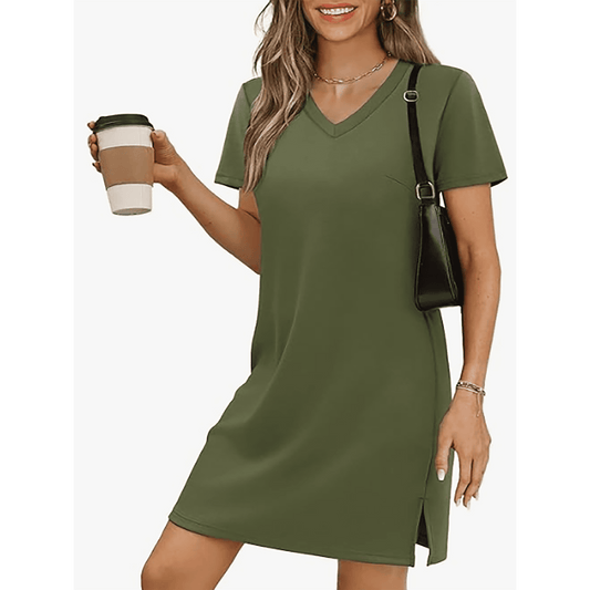 MOSHU V Neck Dresses for Women Side Split Short Sleeve Dresses Casual Summer Dress with Pockets