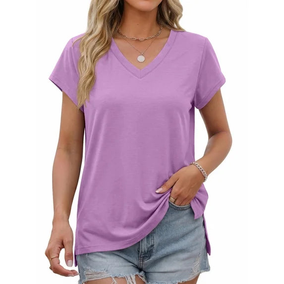 MOSHU V Neck T-Shirts for Womens Side Split Short Sleeve Shirts Loose Fit Tee Dressy Casual Women Tops