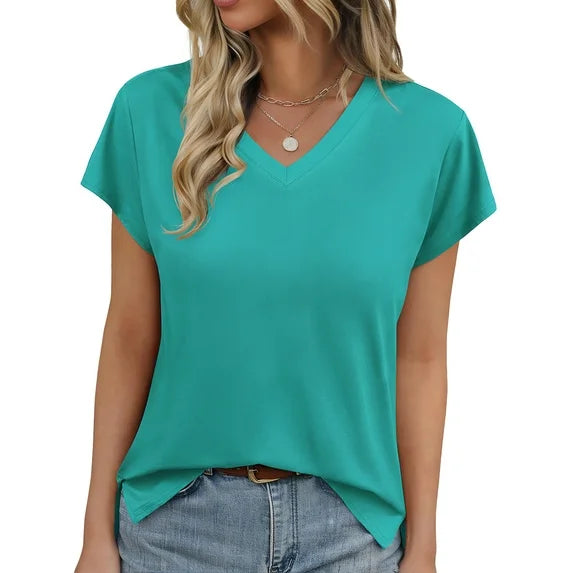 MOSHU V Neck T-Shirts for Womens Side Split Short Sleeve Shirts Loose Fit Tee Dressy Casual Women Tops