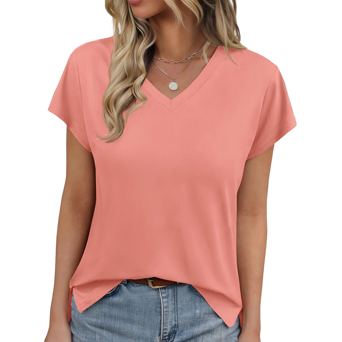 MOSHU V Neck T-Shirts for Womens Side Split Short Sleeve Shirts Loose Fit Tee Dressy Casual Women Tops