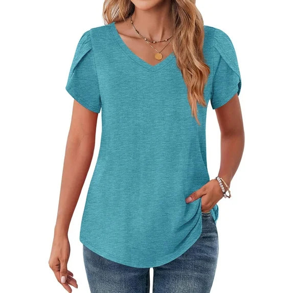 MOSHU V-Neck T-shirts for Women Petal Sleeve Tunic Tops Summer Casual Womens Shirts