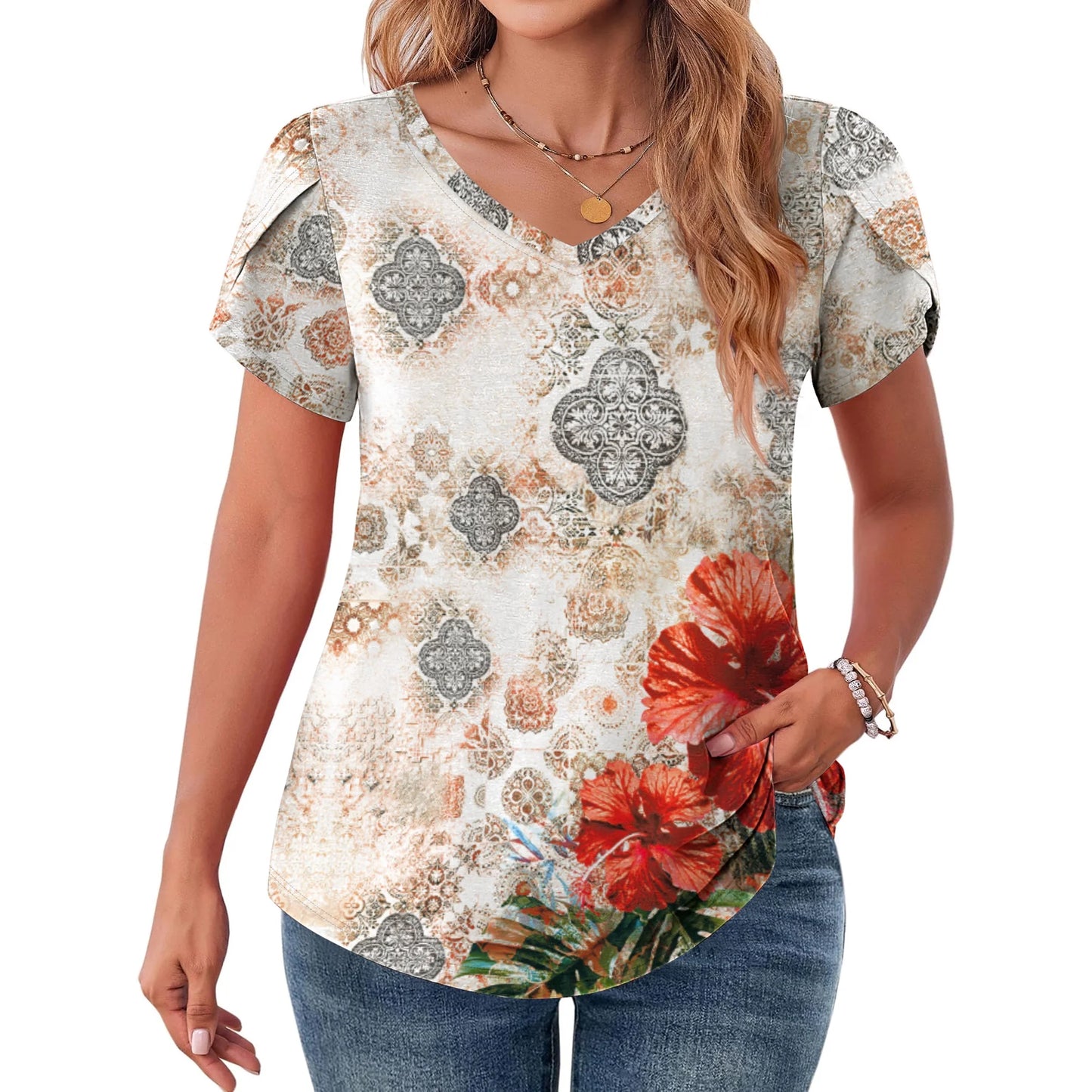 MOSHU V-Neck T-shirts for Women Petal Sleeve Tunic Tops Summer Casual Womens Shirts
