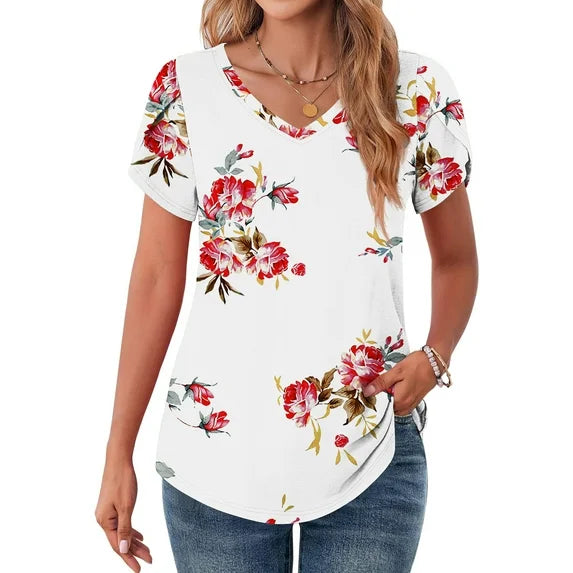 MOSHU V-Neck T-shirts for Women Petal Sleeve Tunic Tops Summer Casual Womens Shirts