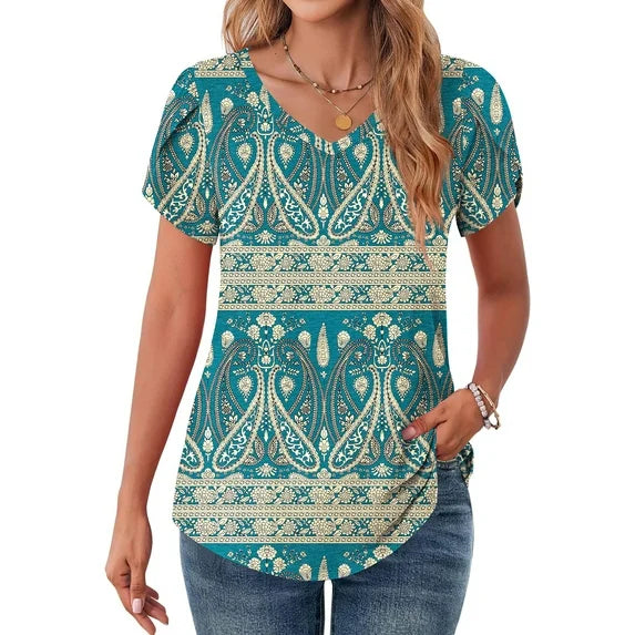 MOSHU V-Neck T-shirts for Women Petal Sleeve Tunic Tops Summer Casual Womens Shirts