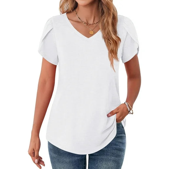 MOSHU V-Neck T-shirts for Women Petal Sleeve Tunic Tops Summer Casual Womens Shirts