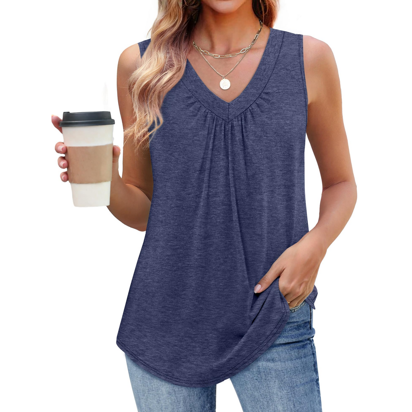 MOSHU V Neck Tank Tops for Women Flowy Pleated Sleeveless Shirts Loose Fit Women Tops Dressy Curved Hem Summer Tops