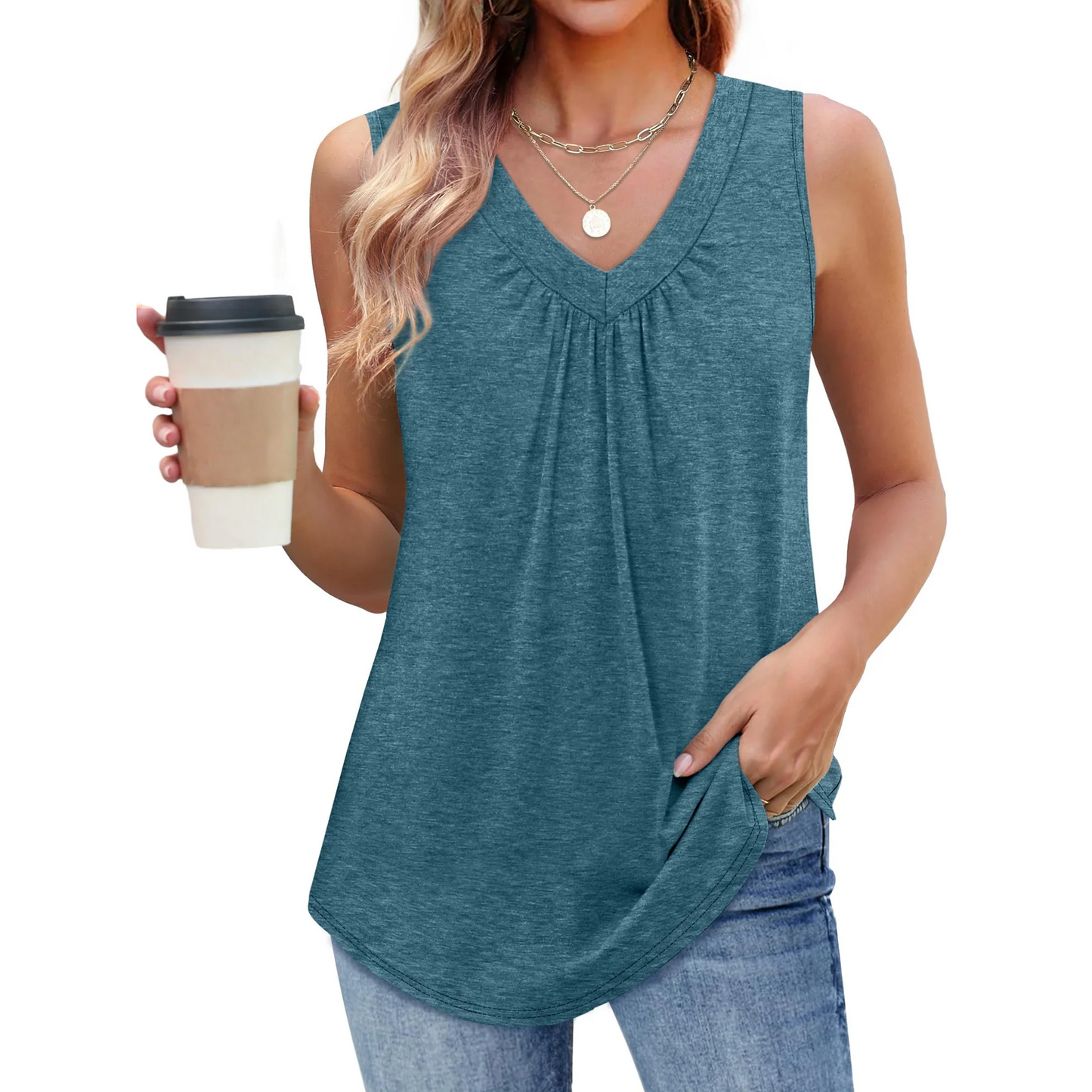 MOSHU V Neck Tank Tops for Women Flowy Pleated Sleeveless Shirts Loose Fit Women Tops Dressy Curved Hem Summer Tops