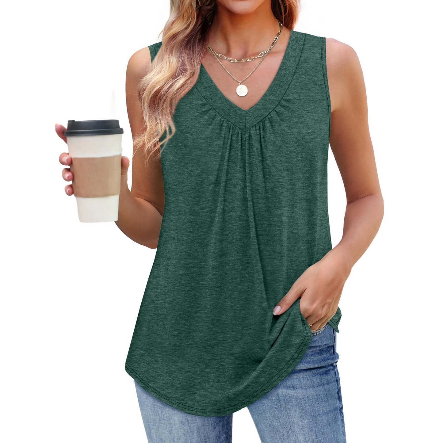 MOSHU V Neck Tank Tops for Women Flowy Pleated Sleeveless Shirts Loose Fit Women Tops Dressy Curved Hem Summer Tops