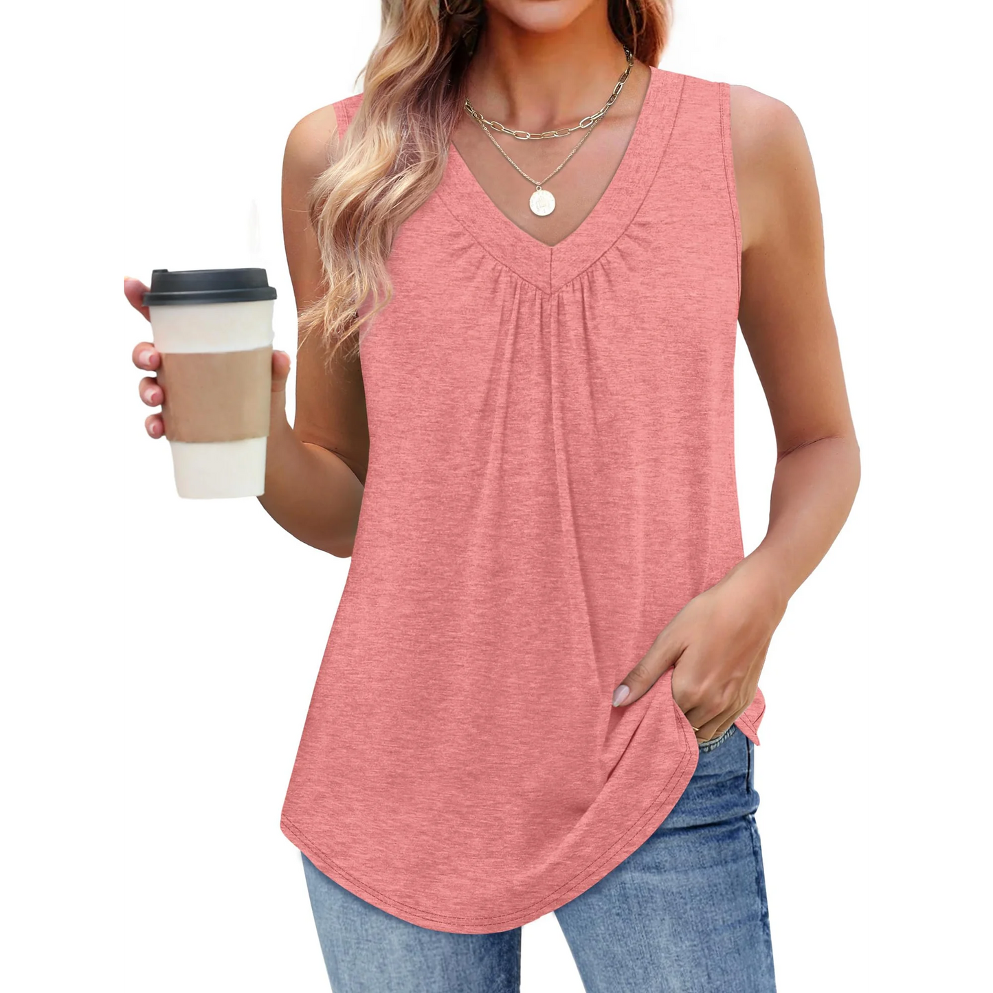 MOSHU V Neck Tank Tops for Women Flowy Pleated Sleeveless Shirts Loose Fit Women Tops Dressy Curved Hem Summer Tops