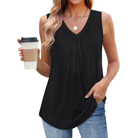 MOSHU V Neck Tank Tops for Women Flowy Pleated Sleeveless Shirts Loose Fit Women Tops Dressy Curved Hem Summer Tops