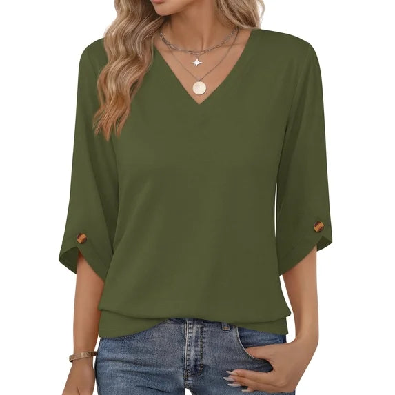MOSHU V Neck Tops for Women 3/4 Length Sleeve Women Tops Casual Dressy Women Blouses Trendy Tunic Tops