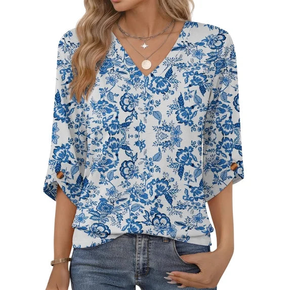 MOSHU V Neck Tops for Women 3/4 Length Sleeve Women Tops Casual Dressy Women Blouses Trendy Tunic Tops