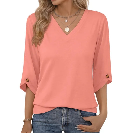 MOSHU V Neck Tops for Women 3/4 Length Sleeve Women Tops Casual Dressy Women Blouses Trendy Tunic Tops