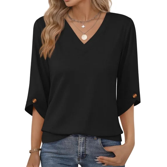 MOSHU V Neck Tops for Women 3/4 Length Sleeve Women Tops Casual Dressy Women Blouses Trendy Tunic Tops