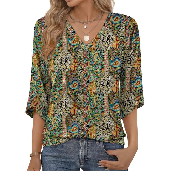 MOSHU V Neck Tops for Women 3/4 Length Sleeve Women Tops Casual Dressy Women Blouses Trendy Tunic Tops
