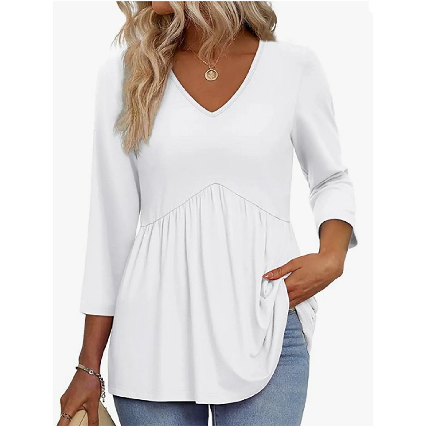 MOSHU V Neck Womens Tops 3/4 Length Sleeve Tops for Women Babydoll Tunic Dressy Casual Womens Blouses