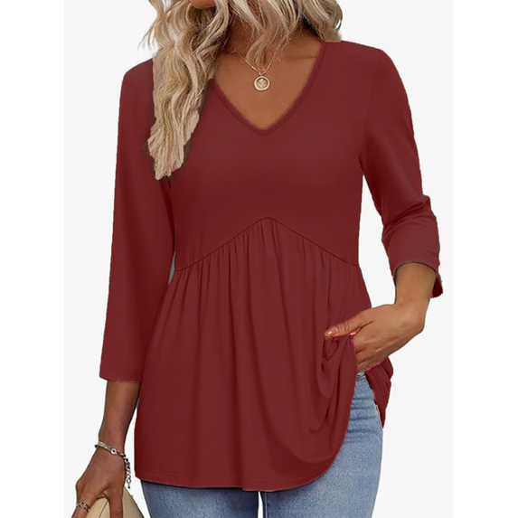 MOSHU V Neck Womens Tops 3/4 Length Sleeve Tops for Women Babydoll Tunic Dressy Casual Womens Blouses