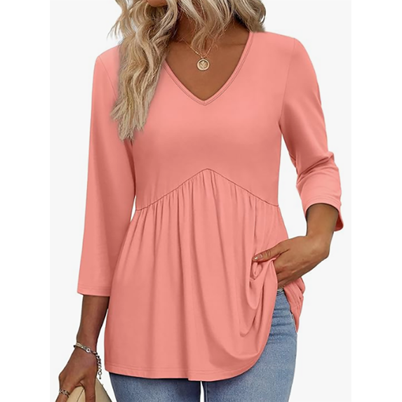MOSHU V Neck Womens Tops 3/4 Length Sleeve Tops for Women Babydoll Tunic Dressy Casual Womens Blouses
