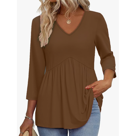 MOSHU V Neck Womens Tops 3/4 Length Sleeve Tops for Women Babydoll Tunic Dressy Casual Womens Blouses