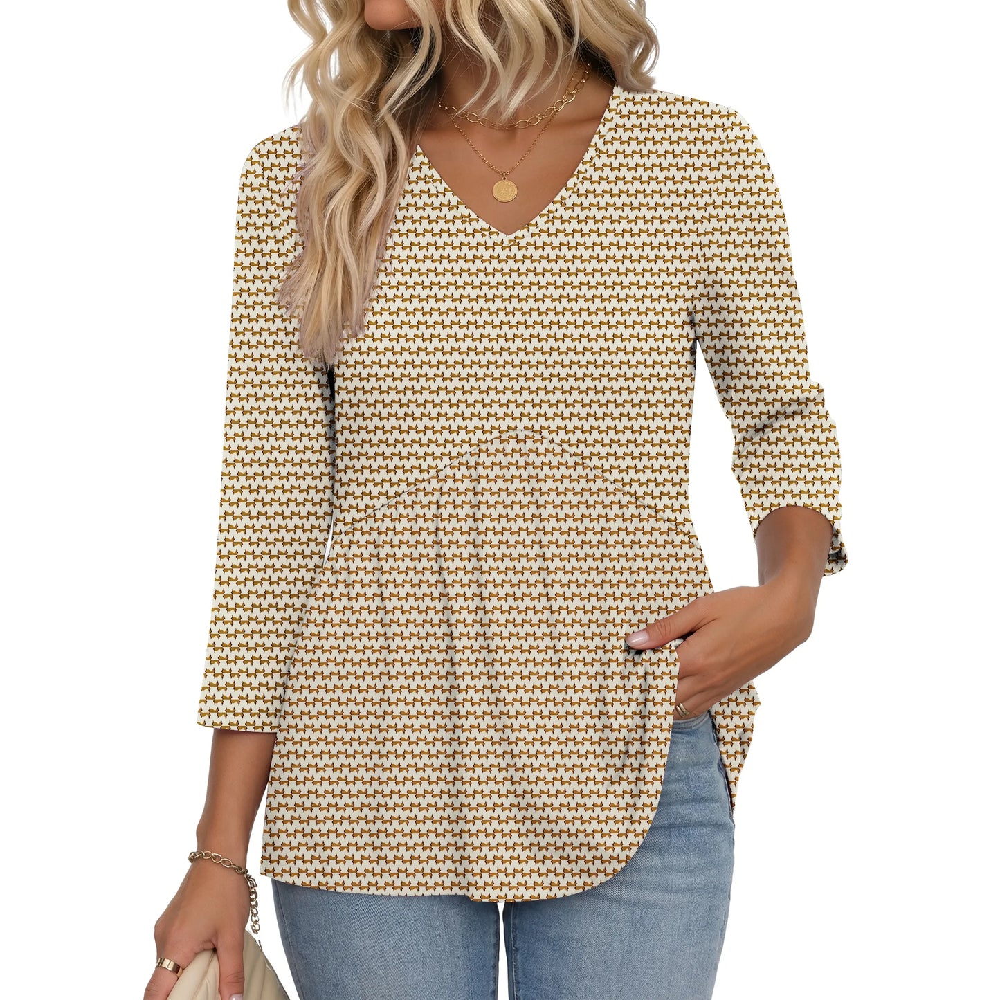 MOSHU V Neck Womens Tops 3/4 Length Sleeve Tops for Women Babydoll Tunic Dressy Casual Womens Blouses